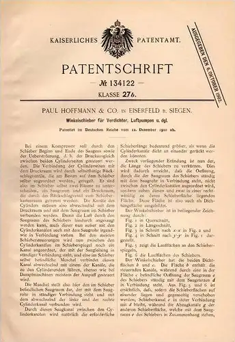 Original Patentschrift - P. Hoffmann & Co in Eiserfeld b. Siegen , 1900 , Kompressor - Winkelschieber , Verdichter !!!