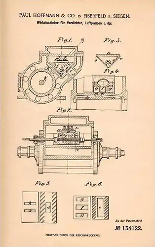 Original Patentschrift - P. Hoffmann & Co in Eiserfeld b. Siegen , 1900 , Kompressor - Winkelschieber , Verdichter !!!