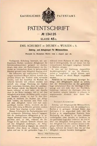 Original Patentschrift - E. Schubert in Deuben b. Wurzen i.S., 1901, Mähmaschine - Ablegehaspel , Getreide , Mähdrescher