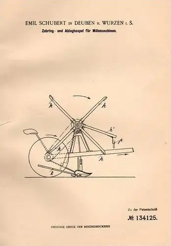 Original Patentschrift - E. Schubert in Deuben b. Wurzen i.S., 1901, Mähmaschine - Ablegehaspel , Getreide , Mähdrescher