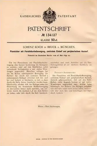 Original Patentschrift - L. Koch in Bruck b. München , 1899 , Plansichter mit Parallelkurbelbewegung !!!