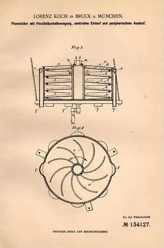 Original Patentschrift - L. Koch in Bruck b. München , 1899 , Plansichter mit Parallelkurbelbewegung !!!