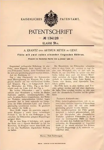 Original Patentschrift - A. Krantz und A. Meyer in Genf , 1902 , Flöte , Flöten , Musik , Blasinstrument !!!