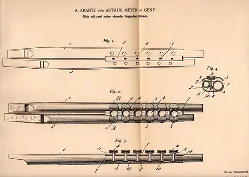 Original Patentschrift - A. Krantz und A. Meyer in Genf , 1902 , Flöte , Flöten , Musik , Blasinstrument !!!