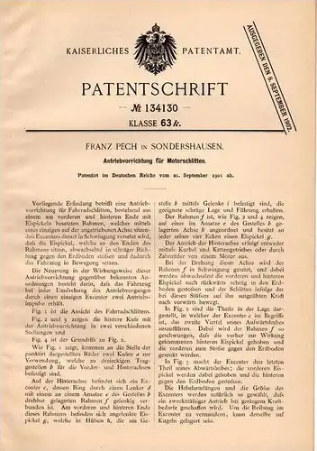 Original Patentschrift - F. Pech in Sondershausen , 1901 , Antrieb für Motorschlitten , Schlitten , Fahrrad !!!