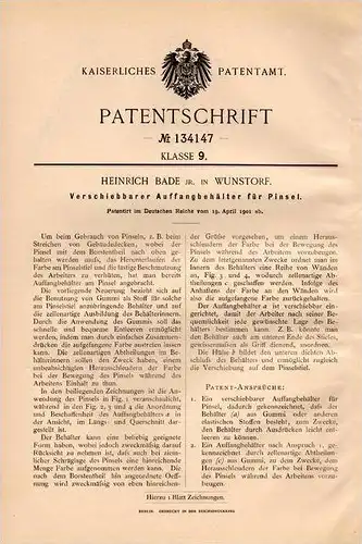 Original Patentschrift - H. Bade in Wunstorf , 1901 , Pinsel - Behälter , Maler , Malerei , Farbe !!!