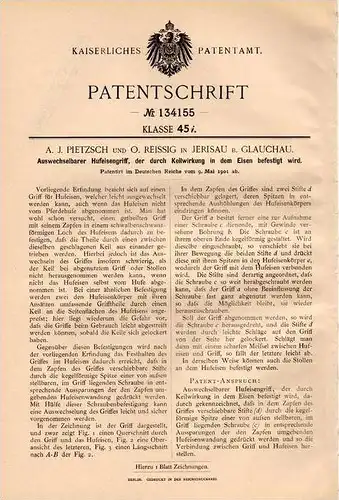 Original Patentschrift - A. Pietzsch und O. Reissig in Jerisau b. Glauchau , 1901 , Hufeisengrif , Hufeisen , Pferde !!!
