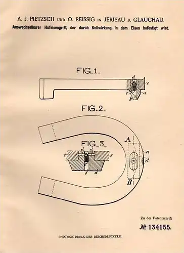 Original Patentschrift - A. Pietzsch und O. Reissig in Jerisau b. Glauchau , 1901 , Hufeisengrif , Hufeisen , Pferde !!!