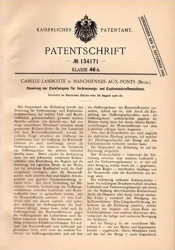 Original Patentschrift - C. Lambotte in Marchienne aux Pont , 1900 , Steuerung für Motor , Maschine , Charleroi !!!