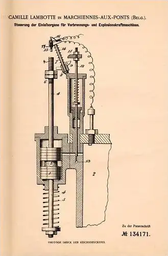 Original Patentschrift - C. Lambotte in Marchienne aux Pont , 1900 , Steuerung für Motor , Maschine , Charleroi !!!