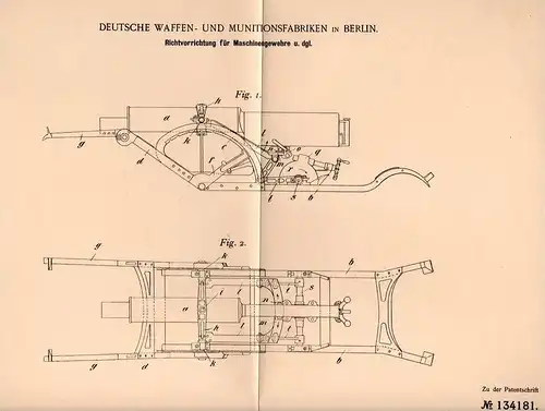 Original Patentschrift - Maschinengewehr - Richtapparat , MG , 1900 , Deutsche Waffen- und Munitionsfabrik in Berlin !