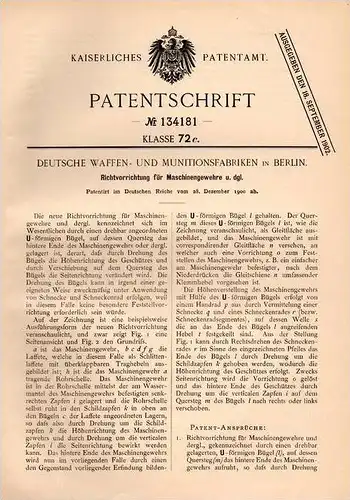 Original Patentschrift - Maschinengewehr - Richtapparat , MG , 1900 , Deutsche Waffen- und Munitionsfabrik in Berlin !