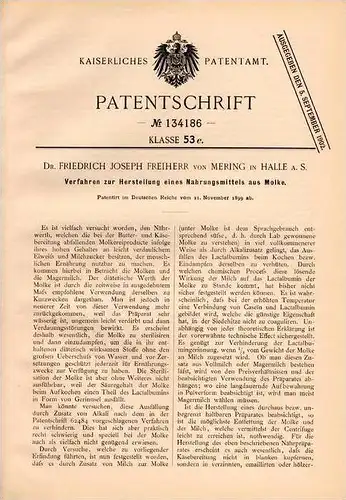 Original Patentschrift - Dr. F. Freierr von Mering in Halle a.S., 1899 , Nahrung aus Molke , Lebensmittel , Molkerei !!!