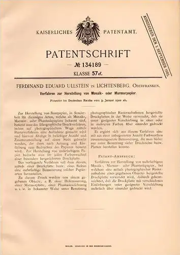 Original Patentschrift - F. Ullstein in Lichtenberg i. Oberfranken , 1900 , Mosaik- und Marmorpapier , Mosaik , Marmor !