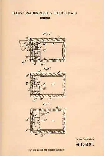 Original Patentschrift - L. Perry in Slough , England , 1901 , Inkpot , Tintenfass , ink  !!!