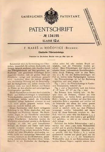 Original Patentschrift - F. Mares in Mocovice / Kutna Hora , 1901 , elastische Filter - Einlage , Bohemian , Zucker !!!