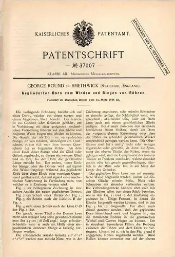 Original Patentschrift - G. Round in Smethwick , Stafford , 1886 , apparatus for bending pipes   !!!