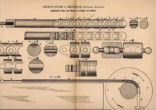 Original Patentschrift - G. Round in Smethwick , Stafford , 1886 , apparatus for bending pipes   !!!