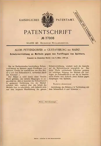 Original Patentschrift - A. Pettendorfer in Gustavsburg b. Mainz , 1886 , Schutz für Meißel , Arbeitsschutz , Metall !!!