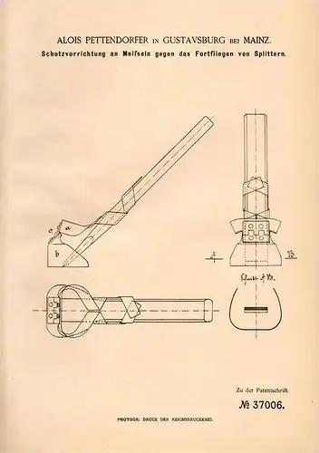 Original Patentschrift - A. Pettendorfer in Gustavsburg b. Mainz , 1886 , Schutz für Meißel , Arbeitsschutz , Metall !!!