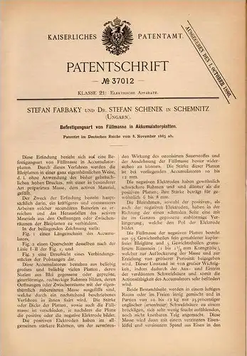 Original Patentschrift - S. Farbaky und Dr. S. Schenek in Schemnitz / Banska Stiavnica , 1885 ,  !!!