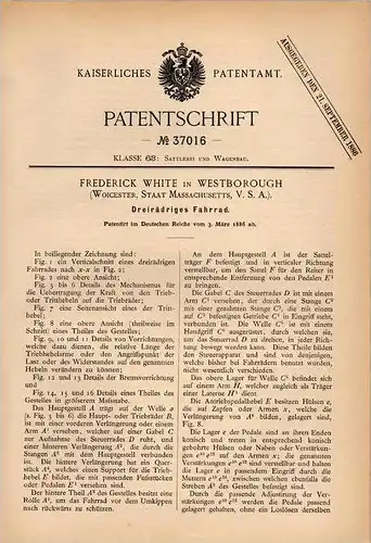 Original Patentschrift - F. White in Westborough , Massach., 1886 , bicycle , tricycle , Hochrad , Fahrrad , Dreirad !!!