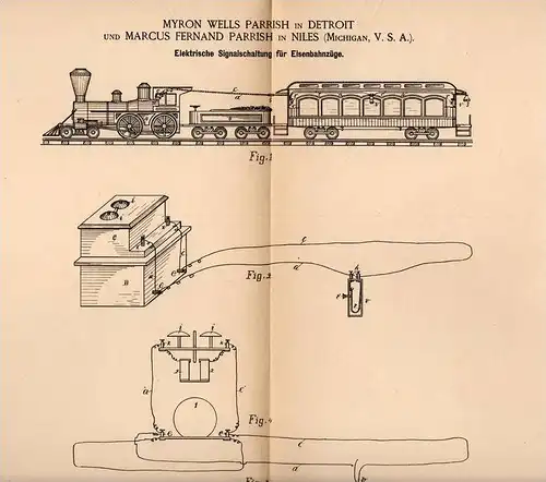 Original Patentschrift - M. Parrish in Niles , Michigan und Detroit , 1885 , signal for railroad , train , Eisenbahn !!!