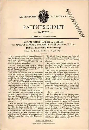 Original Patentschrift - M. Parrish in Niles , Michigan und Detroit , 1885 , signal for railroad , train , Eisenbahn !!!