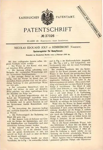 Original Patentschrift - N. Joly in Remiremont / Vosges , 1886 , Regulator für Dampfkessel , Dampfmaschine !!!