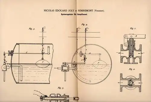 Original Patentschrift - N. Joly in Remiremont / Vosges , 1886 , Regulator für Dampfkessel , Dampfmaschine !!!