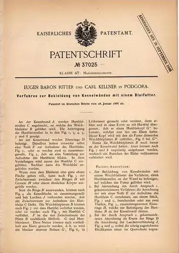 Original Patentschrift - E. Baron Ritter und C. Kellner in Podgora , 1886 , Bleimantel für Kesselwan , Blei , Kessel !!!