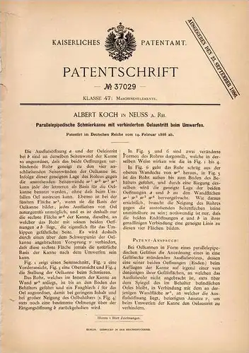 Original Patentschrift - A. Koch in Neuss a. Rh., 1886 , Ölkanne , Kanister , auslaufsicher , Oel , Oil , Motoroil , !!!