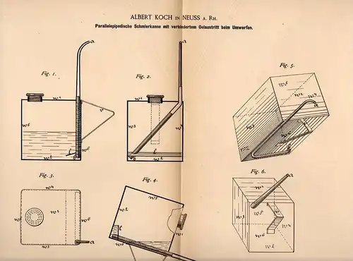 Original Patentschrift - A. Koch in Neuss a. Rh., 1886 , Ölkanne , Kanister , auslaufsicher , Oel , Oil , Motoroil , !!!