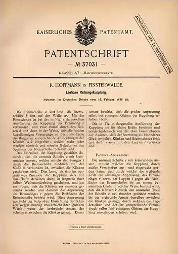 Original Patentschrift - R. Hoffmann in Finsterwalde , 1886 , Kupplung , Reibungskupplung !!!