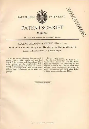 Original Patentschrift - A. Dellmann in Oeding - Südlohn , 1885 , Dreschflügel , Ernte , Landwirtschaft , Borken , Agrar