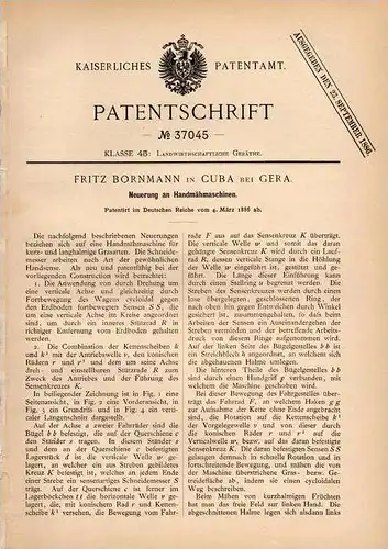 Original Patentschrift - F. Bornmann in Cuba b. Gera , 1886 , Mähmaschine , Landwirtschaft , Rasenmäher !!!