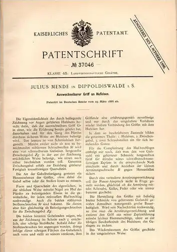 Original Patentschrift - J. Mende in Dippoldiswalde i.S., 1886 , Griff an Hufeisen , Pferd , Hufschmied !!!