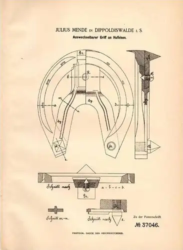 Original Patentschrift - J. Mende in Dippoldiswalde i.S., 1886 , Griff an Hufeisen , Pferd , Hufschmied !!!