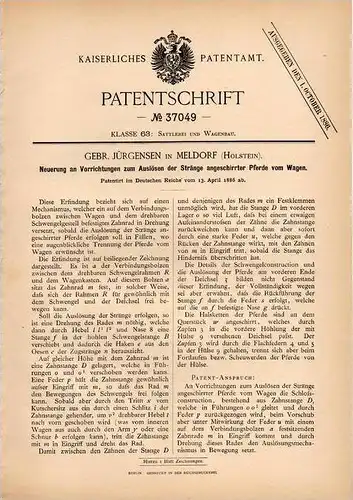 Original Patentschrift - Geb. Jürgensen in Meldorf , Holstein ,1886, Apparat für Pferde an Pferdewagen , Kutsche , Pferd