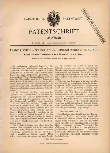 Original Patentschrift - F. Kirsten und E. Weber in Warsleben - Ausleben und Neindorf , 1886 , Maschine für Rüben !!!