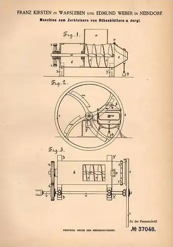 Original Patentschrift - F. Kirsten und E. Weber in Warsleben - Ausleben und Neindorf , 1886 , Maschine für Rüben !!!