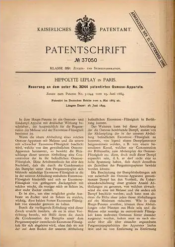Original Patentschrift - H. Leplay in Paris , 1885 , Osmose - Apparat , Zucker !!!