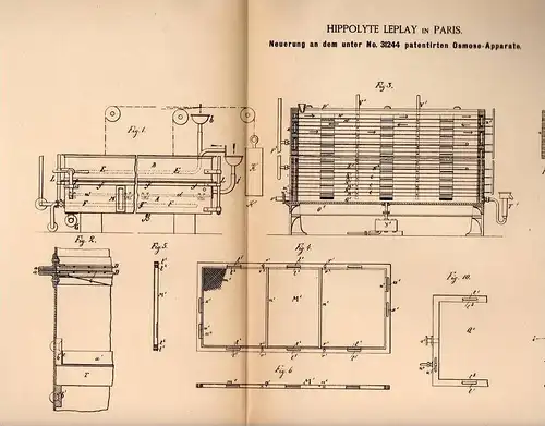 Original Patentschrift - H. Leplay in Paris , 1885 , Osmose - Apparat , Zucker !!!