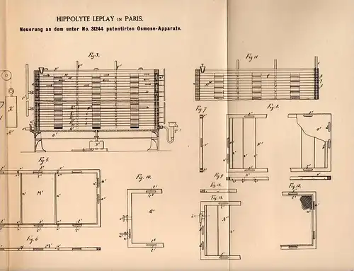 Original Patentschrift - H. Leplay in Paris , 1885 , Osmose - Apparat , Zucker !!!