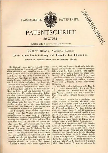 Original Patentschrift - J. Denz in Amberg , Bayern , 1885 , Ziellapparat für Gewehr , Gewehre , Schießen , Waffe !!!