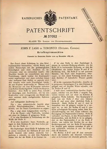 Original Patentschrift - J. Lashi Toronto , 1885 , Copy - Machine , Brief - Kopiermaschine , Letter !!!