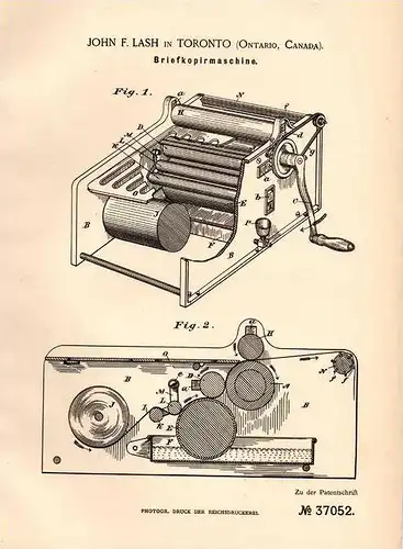 Original Patentschrift - J. Lashi Toronto , 1885 , Copy - Machine , Brief - Kopiermaschine , Letter !!!