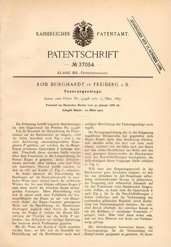Original Patentschrift - R. Burghardt in Freiberg i.S., 1886 , Feuerungsanlage , Heizung , Feuerung !!!