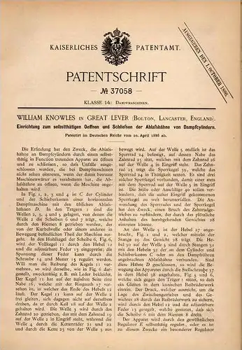 Original Patentschrift - W. Knowles in Great Lever , Bolton , 1886 , Dampfmaschine , Ablassventil , Valve !!!