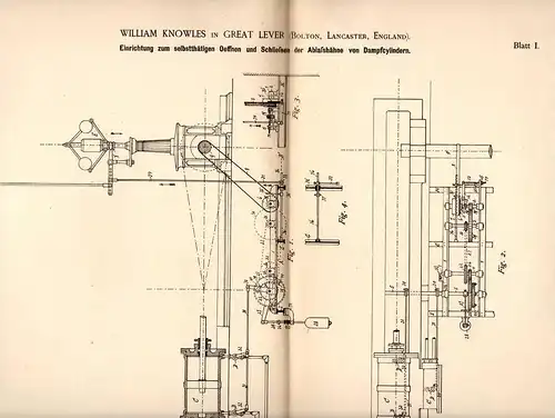 Original Patentschrift - W. Knowles in Great Lever , Bolton , 1886 , Dampfmaschine , Ablassventil , Valve !!!